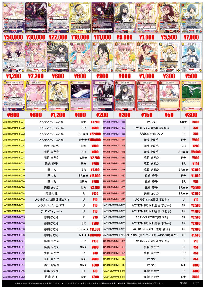 ユニオンアリーナ 買取情報🍀 ✓『魔法少女まどか☆マギカ』買取表