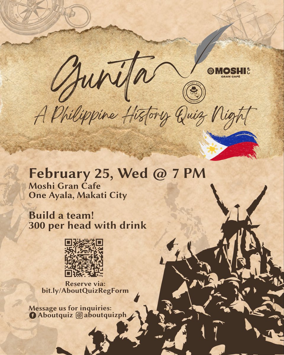 aboutquizph's tweet photo. Philippine History Quiz Night happening this coming Wednesday, February 25 in Moshi Gran Cafe in One Ayala! 

Register at: https://t.co/b3u9O0diSb

See you there! https://t.co/M2abWs2EFl