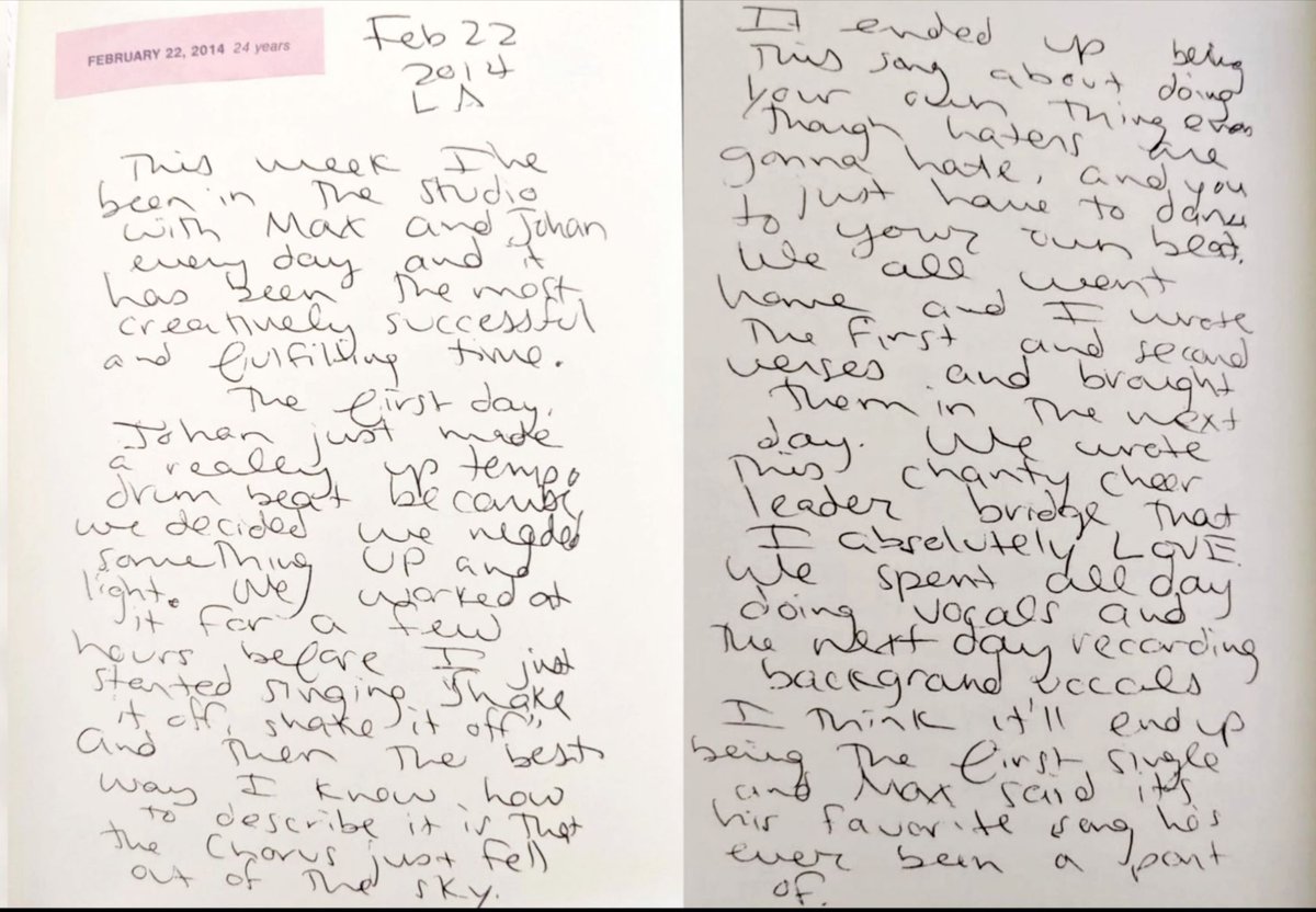 Throw🔙| 12 years ago today, Taylor Swift wrote in her diary about composing "Shake It Off"

"This week has been the most creatively, successful and fulfilling time. I think it’ll end up being the first single and Max said it’s his favorite song he’s ever been a part of."