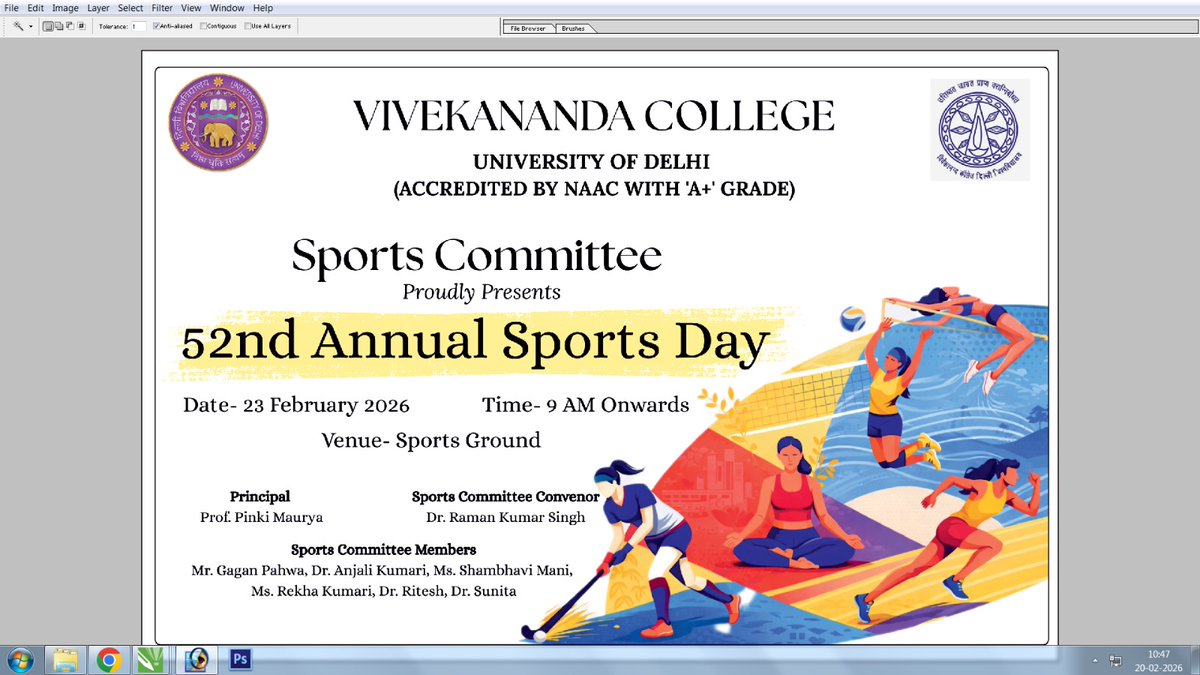 VNC_DU's tweet photo. You are cordially invited to be part of the 52nd Annual Sports Day function on 23rd February, at Vivekananda College, DU. Event details are in the posters. https://t.co/98QUXpo0bv