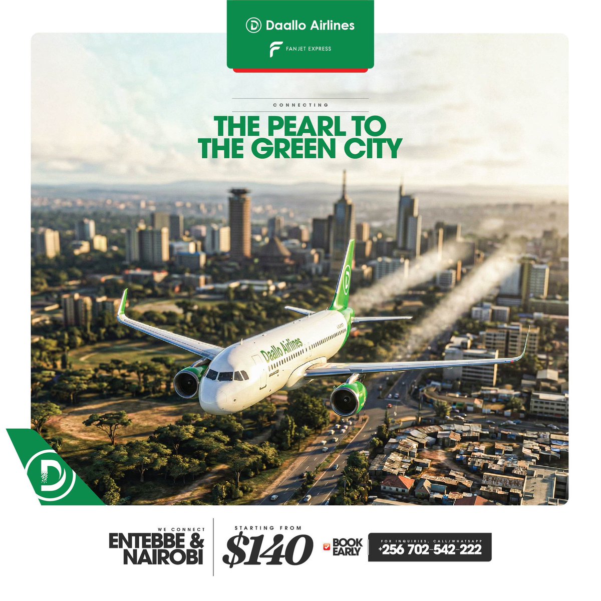 From calm skies to city greens ✈️
Fares from $140.

Seats are limited — call 0702542222 and book now.

#FlyDaallo #DaalloAirlinesUG #FanjetExpress