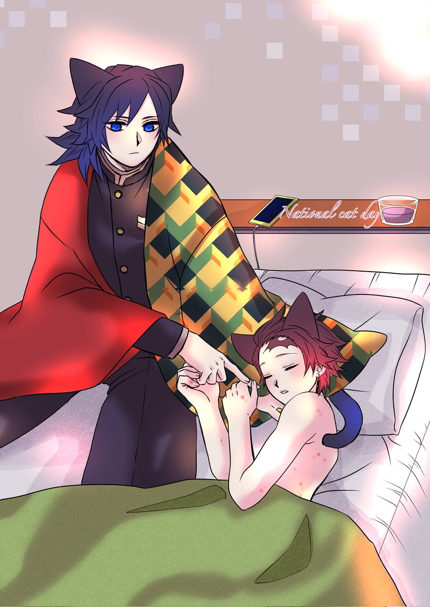 【義炭】らくがきでーきたっ🥳せっかく猫の日なので！🐈義さんを！ネコ耳つけた炭に大興奮(意味深)しちゃった🐈義さん。堪能して満足して、おやすみ俺の番って思ってる🐈義さん。安心してください、もちろん合意です👍👍