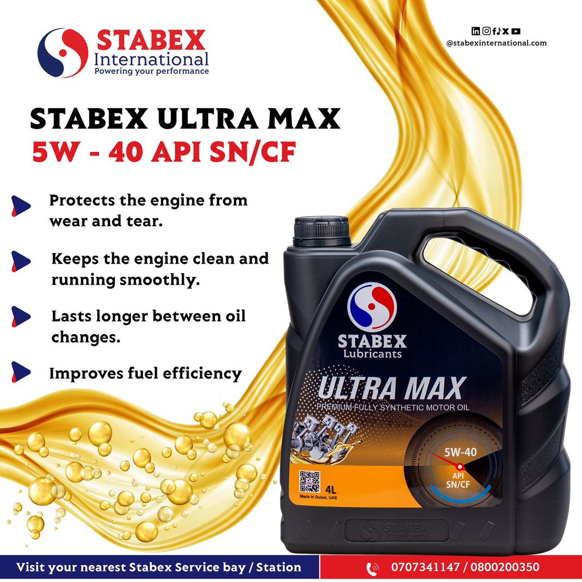 CapitalFMUganda's tweet photo. STABEX ULTRA MAX 5W-40
Fully synthetic motor oil built to protect your engine, reduce wear, keep it clean & boost fuel efficiency with longer oil change intervals.
Available at all Stabex Service Bays.
📞 0707 341147 | 0800 200350
#StabexLubricants #PoweringYourPerformance https://t.co/97WdOMqObx