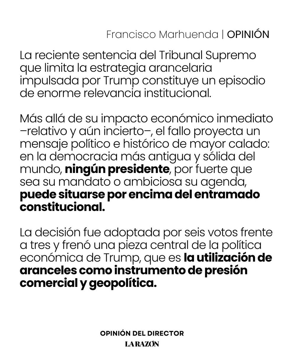 ✍🏻 El artículo de Francisco Marhuenda (<a href="/pacomarhuenda/">Francisco Marhuenda</a>) | La fuerza de la democracia estadounidense
🗣️ «El mensaje es claro: el poder ejecutivo no es omnímodo, ni siquiera cuando invoca la defensa del interés nacional»

🔗 larazon.es/opinion/fuerza…