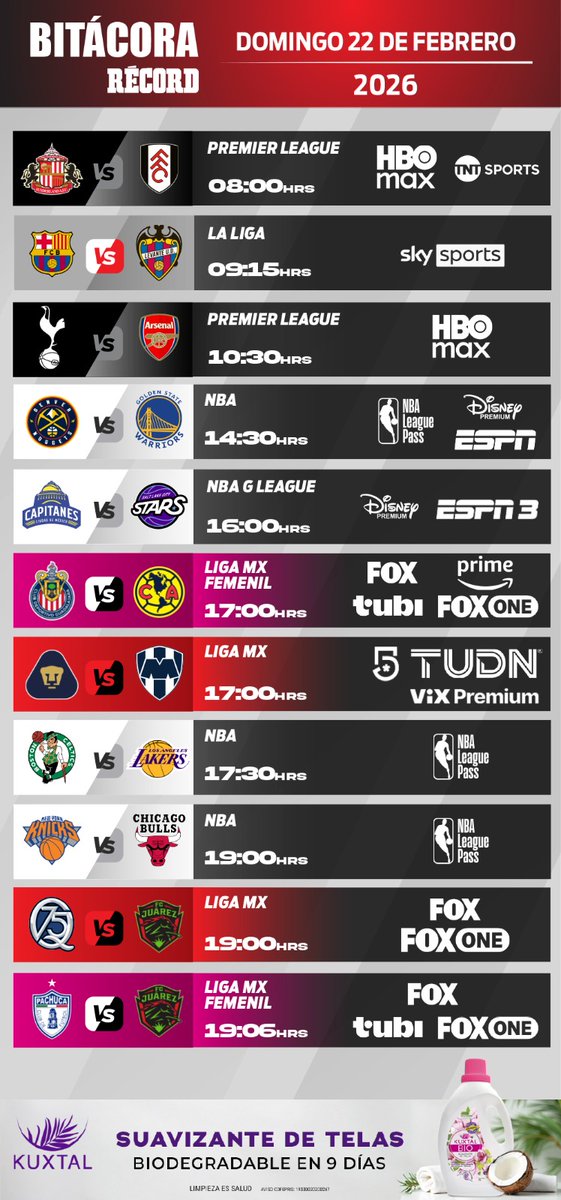 record_mexico's tweet photo. DOMINGO CON MUCHA ACTIVIDAD 🔥

Así luce la actividad deportiva para este día.
¡Imperdible! 🥲

Todos los detalles en nuestra #BitácoraRÉCORD. 📅 https://t.co/h2Esw6nKEK
