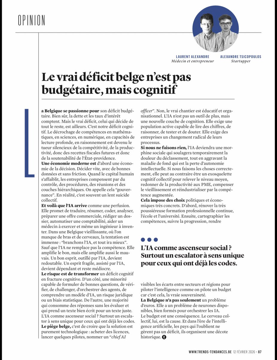 L’IA n’est pas une solution miracle.
Elle amplifie les esprits solides et fragilise les autres. Sans socle cognitif, elle transforme un déficit de compétences en fracture durable.

Mon article avec <a href="/dr_l_alexandre/">Docteur Laurent Alexandre</a>