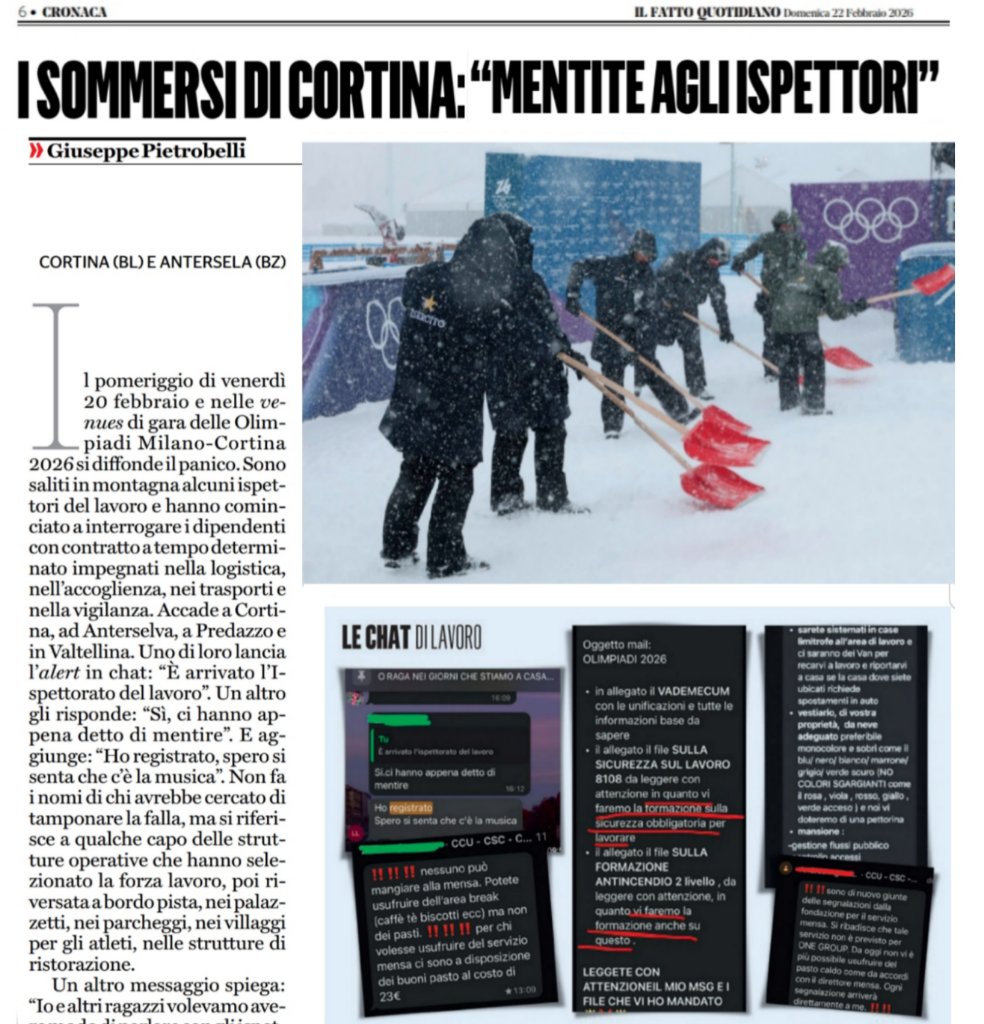 Gli schiavi che piacciono tanto a gioGGIA 
"Lavoriamo 12 ore al giorno quasi tutti i giorni siamo sottopagati per dormire facciamo i turni perché pochi posti letto.."
I lavoratori di Milano-Cortina avevano l'ordine di mentire agli ispettori del lavoro ma si ribellano e denunciano