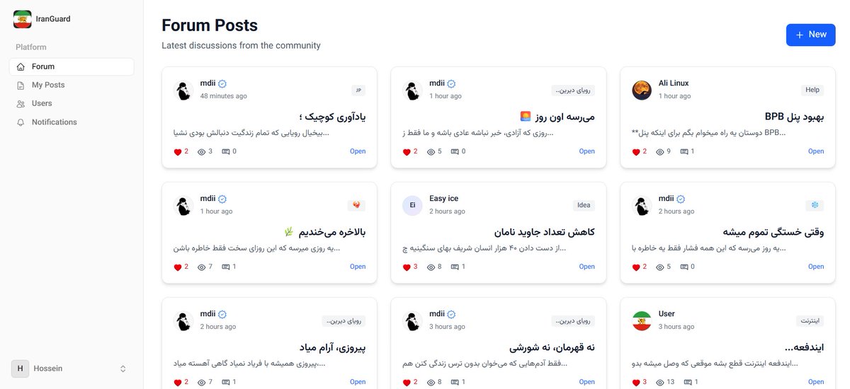 کد وبسایت IranGuard Forum در گیت هاب قرار گرفت و بر اساس تغییرات سایت، کد مخزن هم تغییر میدم. راهنمای کامل با لایسنس GPL-3.0 در Readme پروژه قرار گرفت. کد پروژه IranGuard Forum، بدون باگ امنیتی و کاملا شفاف و مدرن است.

کد:
github.com/frank-vpl/Forum

وبسایت:
forum.iranguard.sbs