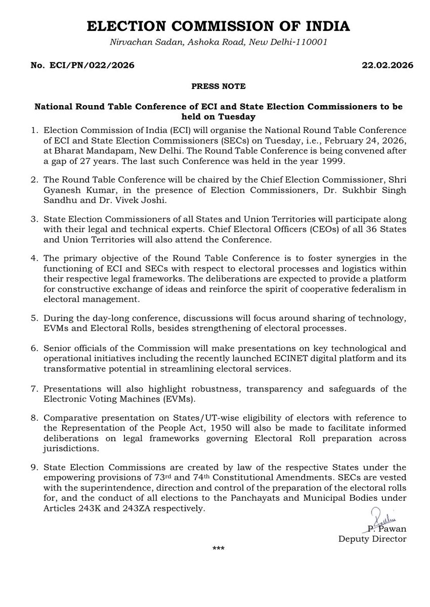 National Round Table Conference of ECI and State Election Commissioners to be
held on Tuesday

Read more : eci.gov.in/eci-backend/pu…
