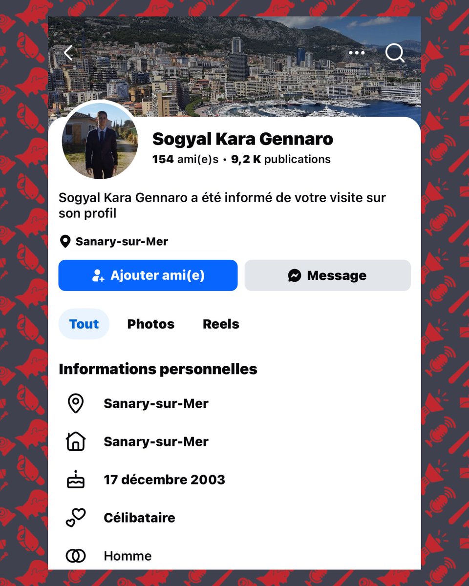 🚨 SIGNALEMENT : Sogyal Kara (<a href="/soso068317/">Sogyal 🇫🇷🗽</a>), 23 ans, originaire de Toulon / Sanary-sur-Mer, sans emploi après un court passage par la poissonnerie 🐟 de sa mère à Cuers, est un antisémite revendiqué, soutien d’Alain Soral, de Rivarol et d’Hervé Ryssen.

⚠️ Nationaliste et