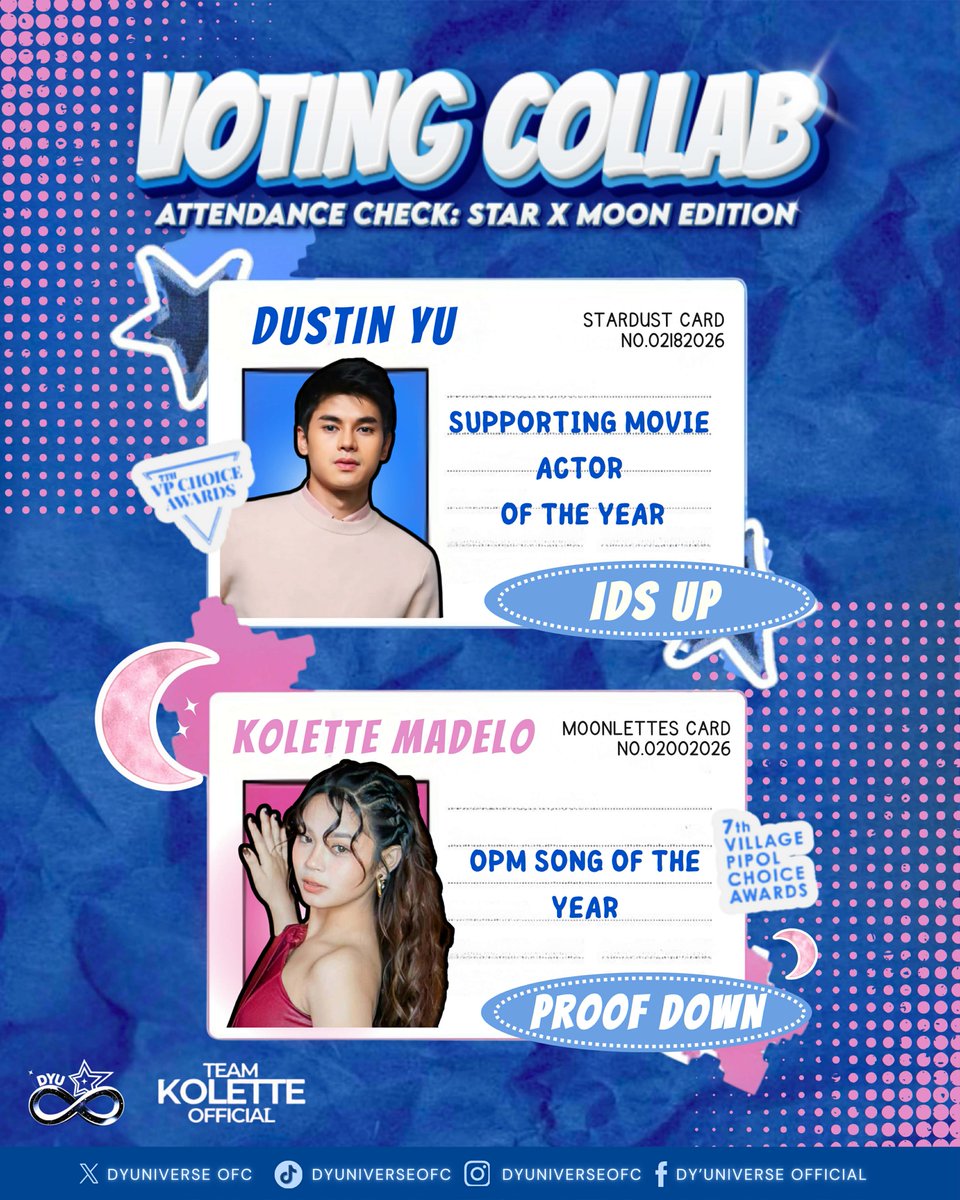 The stars and moon reunite for Round 2! ✨🌙

Stardusts x Moonlettes are joining forces once again for VPCA!

💙 Stardust will vote for Kolette Madelo under
 Entertainment – Music &amp; Radio
• OPM Song of the Year
🩷 Moonlettes will vote for Dustin Yu under Entertainment – Movie
•