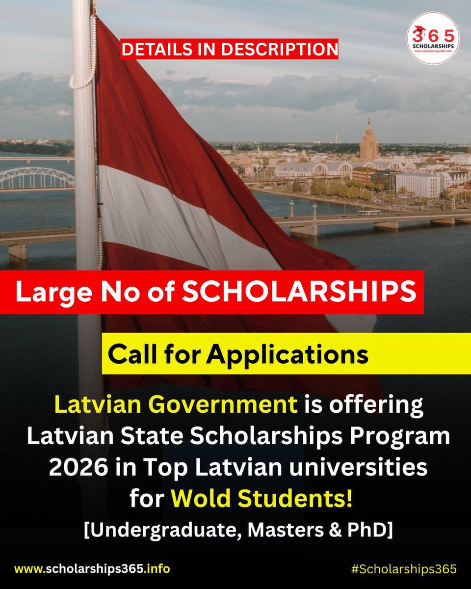 scholarship_365's tweet photo. The Latvian Government Scholarships are now open! This is your chance to pursue a Bachelor's, Master's, or PhD degree in the heart of the Baltics.

Benefits;
1) For international students & researchers
2) Studies in Latvian or English
3) Offers Funding Opportunities

Latvia offers high-quality education, innovative research opportunities, and a unique cultural experience in a green and safe country.

Ready to apply?
🔗 Get all details and application guidelines here: 👉https://t.co/uqe19RQskb

#scholarships365 #StudyInLatvia #LatviaScholarships #StudyAbroad #Latvian_Government_Scholarships
