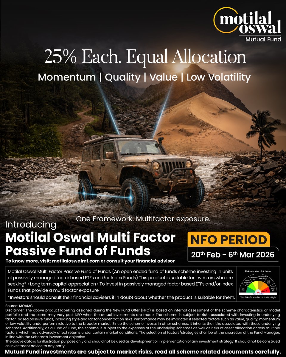 MotilalOswalAMC's tweet photo. One framework. Four proven factors. Equal allocation for balanced opportunity.
Introducing Motilal Oswal Multi Factor Passive Fund of Funds.
NFO closes: 6th March
Invest now: https://t.co/N6yeP7AKx1
#MultiFactor #PassiveFund #NFO #MotilalOswalAMC https://t.co/RhIh0QYSo4
