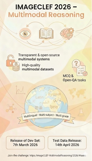 preslav_nakov's tweet photo. 🔥 Challenge Alert: #ImageCLEF2026 🔥
Can Vision-Language Models truly reason across languages, subjects, and grade levels? 🧠🌍
Join the Multimodal Reasoning Challenge 2026 https://t.co/f19WmgqM3H
#ImageCLEF2026 #MultimodalReasoning #CLEF2026 #AI #VLM #VQA #MachineLearning https://t.co/zdYr555z6v