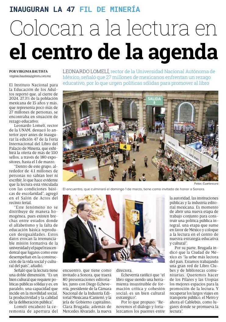 Leonardo Lomelí, rector de la UNAM, señaló que 27 millones de mexicanos enfrentan un rezago educativo, por lo que urgen políticas sólidas para promover al libro.