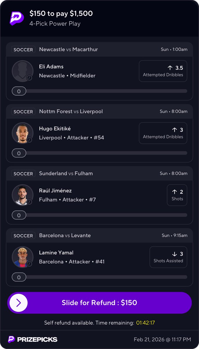 LATE NIGHT 5 MAN⚽️

SOCCER PACKED WEEKEND! LETS END IT OFF WITH A BANG💥

prizepicks.onelink.me/gCQS/shareEntr…