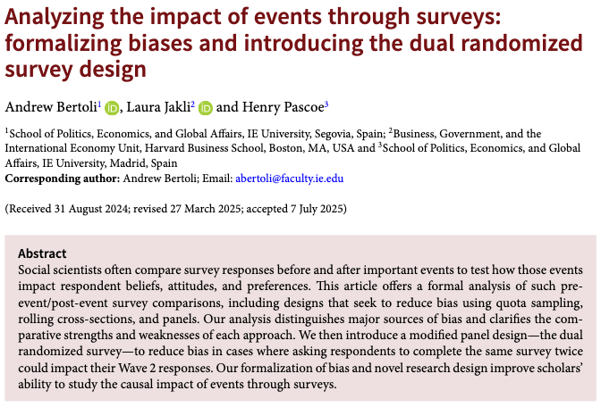 PSRMJournal's tweet image. 🗳️ How can we better study the impact of major events with surveys?

➡A bertoli, @laurajakli &amp;amp; H Pascoe clarify the strengths and weaknesses of pre and post survey designs and introduce a dual randomised survey to reduce bias cambridge.org/core/journals/… #FirstView