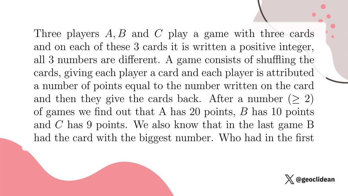 geoclidean's tweet photo. A game consists of shuffling the cards
#Combinatorics #Game #Algebra #SystemOfEquations #IMO #IMO1974 https://t.co/5bChDQ0QcK