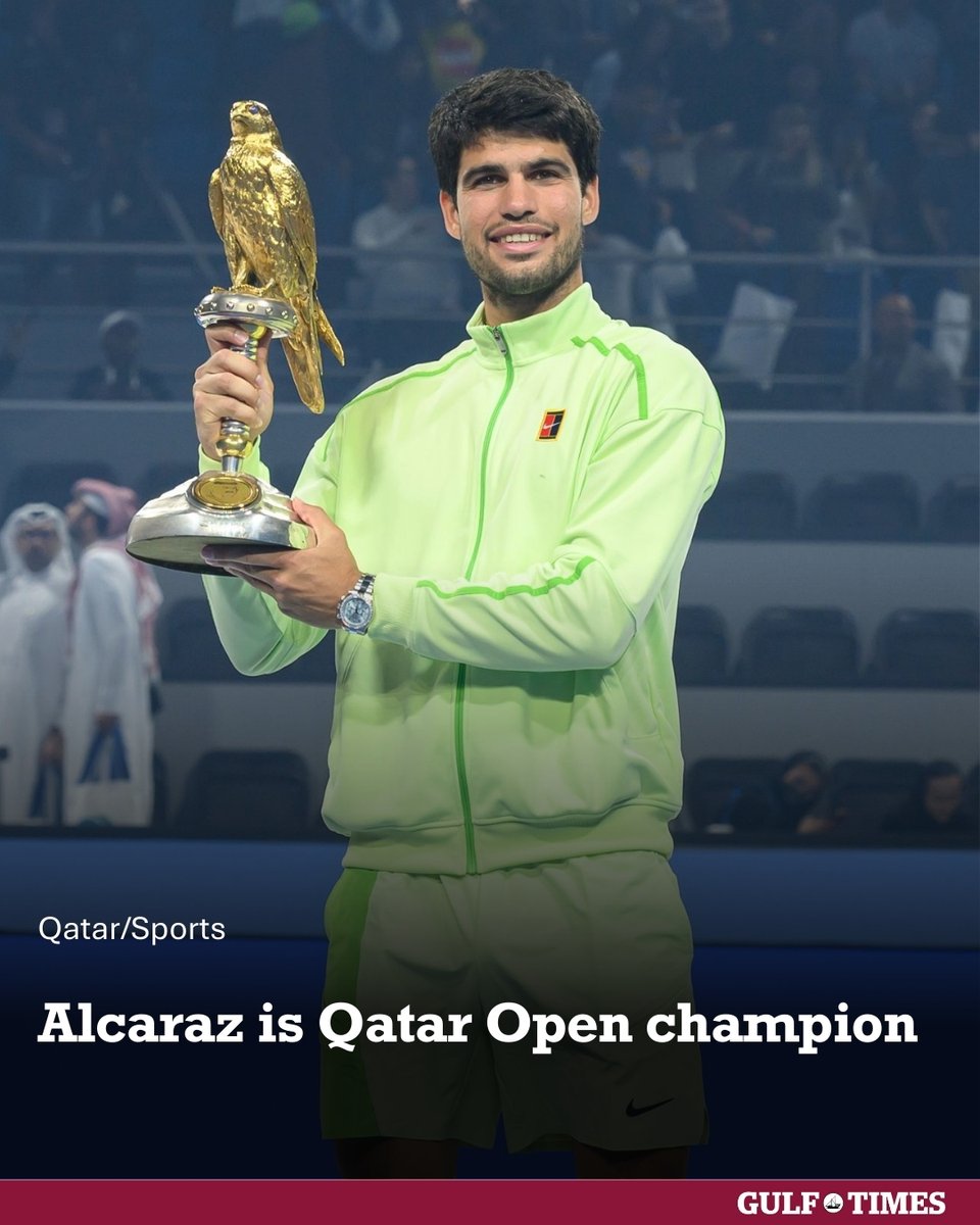 GulfTimes_QATAR's tweet photo. .@carlosalcaraz clinched his maiden Doha title with a commanding 6-2, 6-1 win over Arthur Fils at the Qatar Open.
Five aces, relentless winners, and total dominance in just 50 minutes at the Khalifa International Tennis and Squash Complex. 🎾⚡
#QatarOpen #Alcaraz #ATPTour #Doha
https://t.co/Be2ISkmPTD