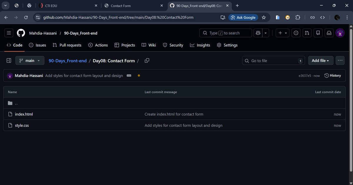 Mahdia010's tweet photo. Day 8_90 ✅
#90DaysOfCode 
Contact Form: Styled a beautiful dark themed form  name, email, message + real contact details.
Every project reminds me: Code is my way forward.    Committed to GitHub as always.
Small wins add up! 
#FrontendJourney #CodeToInspire #AfghanGirlsCode https://t.co/j6kDjQZKV4