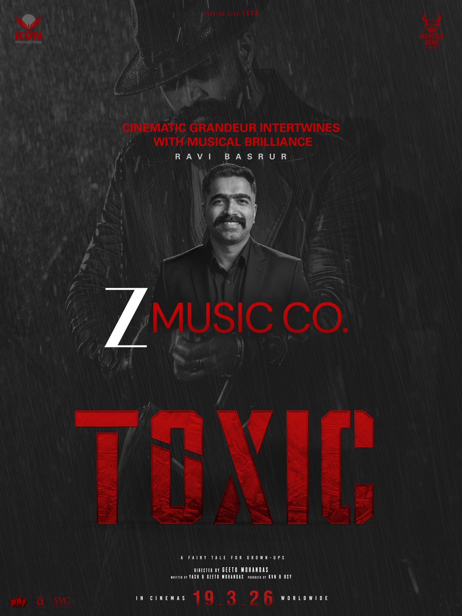 KvnProductions's tweet photo. The man of Mass hysteria.
The master of Thunderous scores.
@RaviBasrur brings his pounding music to #Toxic

@ZeeMusicCompany presents the Music of Toxic : A Fairy Tale for Grown-Ups 

#Toxic In Cinemas Worldwide from 19-03-2026

#ToxicTheMovie
#ToxicOnMarch19th 

@TheNameIsYash
#Nayanthara @advani_kiara
@humasqureshi @rukminitweets #TaraSutaria #GeetuMohandas @RaviBasrur #RajeevRavi #UjwalKulkarni  #TPAbid #MohanBKere #SandeepSadashiva #PrashantDileepHardikar #KunalSharma #SandeepSharma #JJPerry @anbariv #KechaKhamphakdee #AmritSingh @KVNProductions #MonsterMindCreations @Toxic_themovie