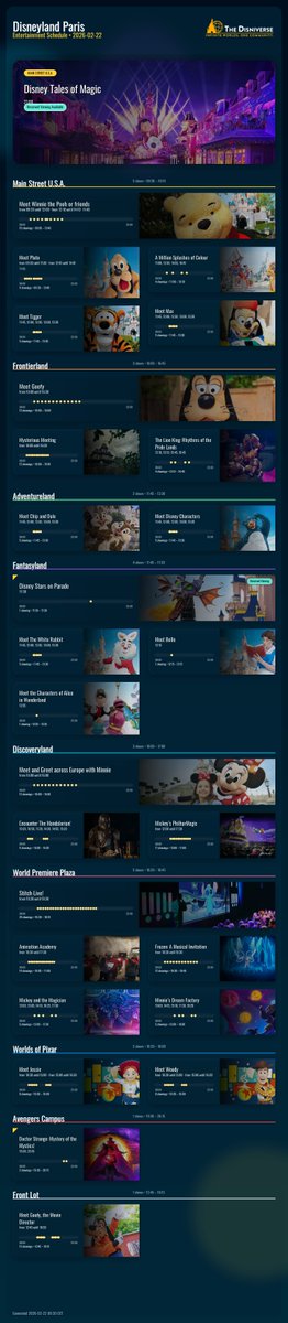 theDisniverse's tweet photo. 🎭 Today's Entertainment Schedule (2026-02-22)

Plan your day with the latest showtimes! ✨

#DisneylandParis #DLP #Shows #Parade https://t.co/YH1t77sOUZ