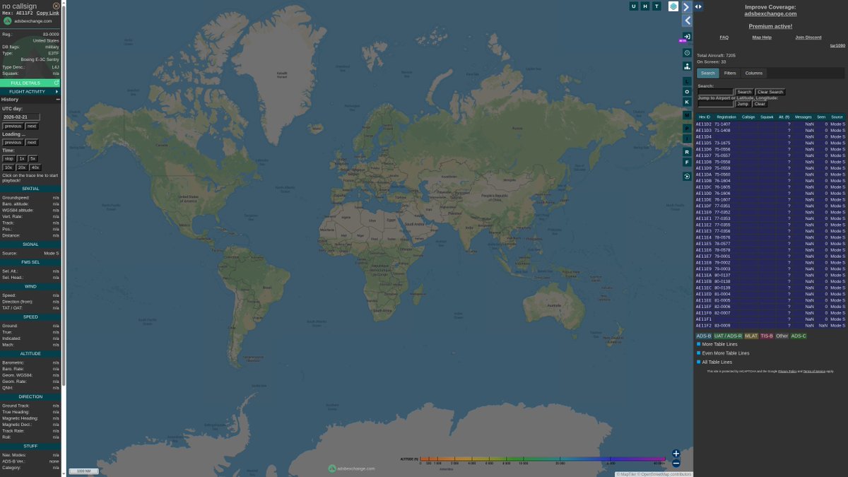 steffanwatkins's tweet photo. ๐บ๐ธ #USAF E-3G Sentry fleet (16); last reported locations 2026-02-21Z
Prince Sultan AB ๐ธ๐ฆ (6)
โข 82-0007 #AE11F0
โข 75-0556 #AE11D6
โข 76-1605 #AE11DC
โข 79-0001 #AE11E7
โข 81-0005 #AE11EE
โข 76-1604 #AE11DB
Elmendorf AFB ๐บ๐ธ (1)
โข 80-0137 #AE11EA https://t.co/dFFuZhgmms