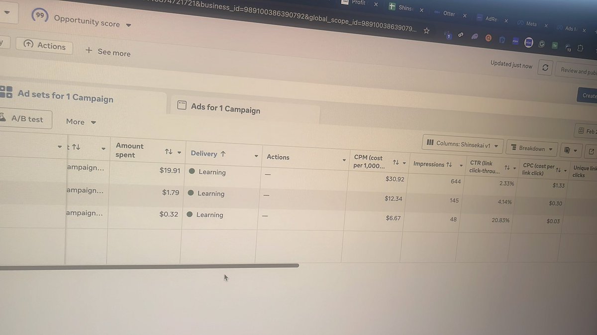 day 5: starting to push my campaigns live for a new product test

honest not happy with these metrics but just been running for 8 hours will let it run 100 without touching it at all

and yes i run 3-2-2