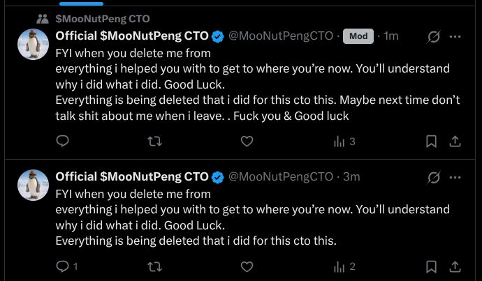 ShadowAHM's tweet photo. CryptoGeniuz69 just took over $MooNutPeng official page and telegram.

This is a second time we had a rogue dev.

For everyone panicking about both of the socials being deleted we will get it turbo running in a few days with the same or even bigger numbers.

I hope this message reaches the bigger audience so people can understand what kind of piece of shit people are in memecoin spaces right now.

Thank you everyone for support over this last 10 days when most of the team didn't even sleep because we wanted to improve the memecoin spaces.

$MooNutPeng is here to stay and we will continue to build.

Here is a picture of a childish behavior after bro literally deleted both of our socials and clipped out of the coin from 70k to 60k.

Also he ran away with 1k in creator fees and is playing a victim card on a official page.