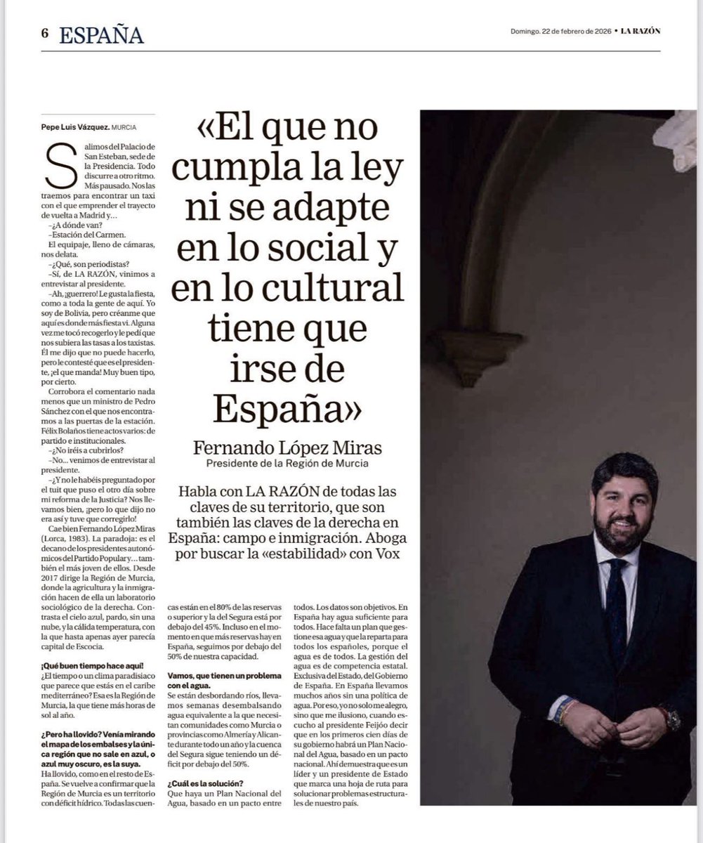 Hoy nuestro Presidente <a href="/LopezMirasF/">Fernando López Miras</a> sitúa el debate donde debe estar: legalidad, convivencia y justicia territorial.

«El que no cumpla la ley ni se adapte en lo social y en lo cultural tiene que irse de España»

«Garantizo un plan que asegure el agua para todos»

Liderazgo