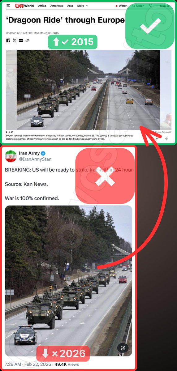 aribowosasmito's tweet photo. @IranArmyStan 🔍 FACT: the shared image, the image of Stryker vehicles on a highway in Riga, Latvia, on March 22, 2015 during the "Dragoon Ride" military exercise, has been circulating since ELEVEN YEARS ago (2015).
#Iran #US #Tension #DragoonRide ... https://t.co/iElhBqUVhl