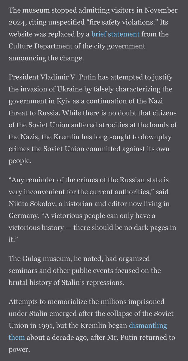 glykosymoritis's tweet image. The Gulag History Museum in Moscow, the last prominent Russian institution dedicated to preserving the memory of Stalin’s labor camps, is being replaced by a new museum focused on Nazi war crimes and the “genocide of the Soviet people” archive.ph/xi8tl #totalitarianism