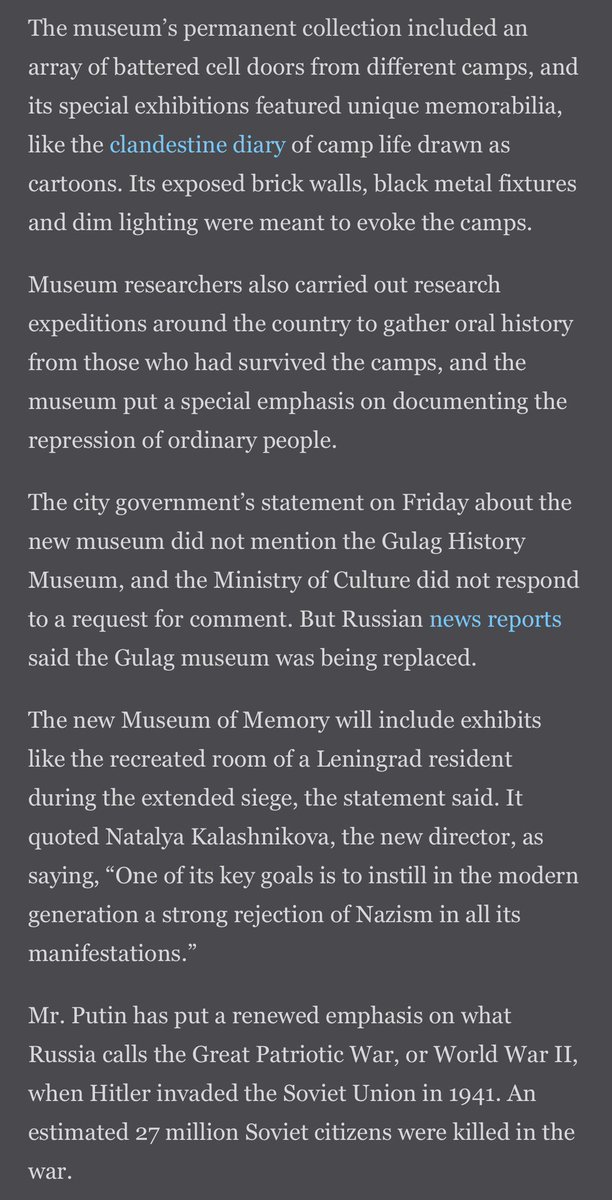 glykosymoritis's tweet image. The Gulag History Museum in Moscow, the last prominent Russian institution dedicated to preserving the memory of Stalin’s labor camps, is being replaced by a new museum focused on Nazi war crimes and the “genocide of the Soviet people” archive.ph/xi8tl #totalitarianism