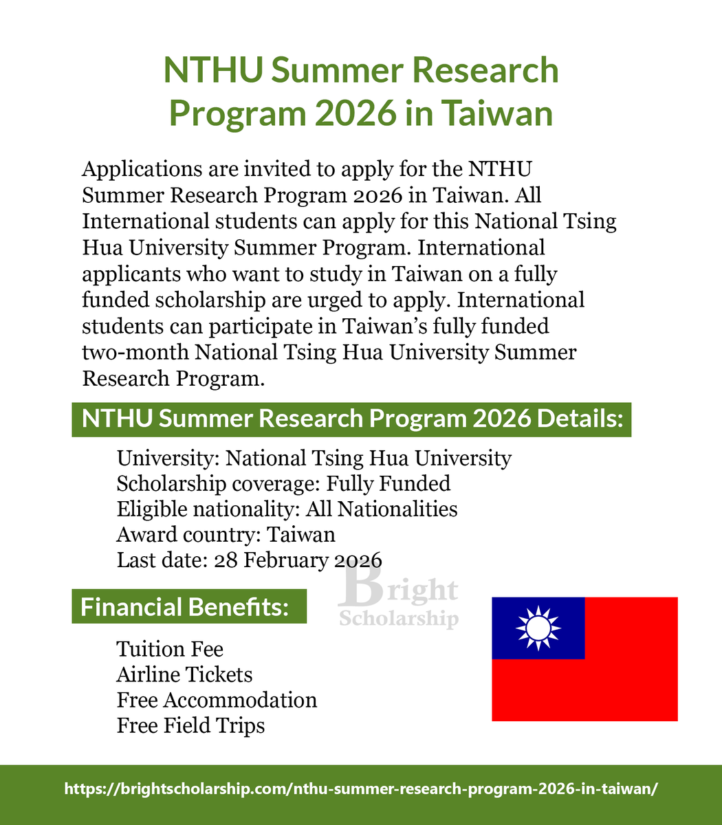 BrightSship's tweet image. NTHU Summer Research Program 2026 in Taiwan (Fully Funded)

University: National Tsing Hua University
Eligible nationality: All Nationalities
Last date: 28 February 2026

Apply Link: brightscholarship.com/nthu-summer-re…

#BrightScholarship #FullyFunded #SummerProgram #Taiwan