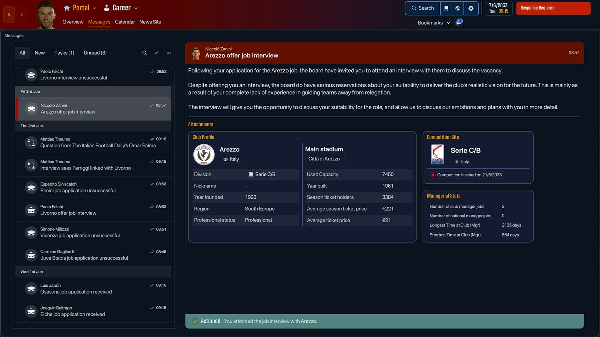 Ferriggi97's tweet image. Following an unsuccesful interview with Serie C side Livorno, another Serie C side Arezzo has offered an interview.

#FM26 #unemployed #seekingjobs 👀