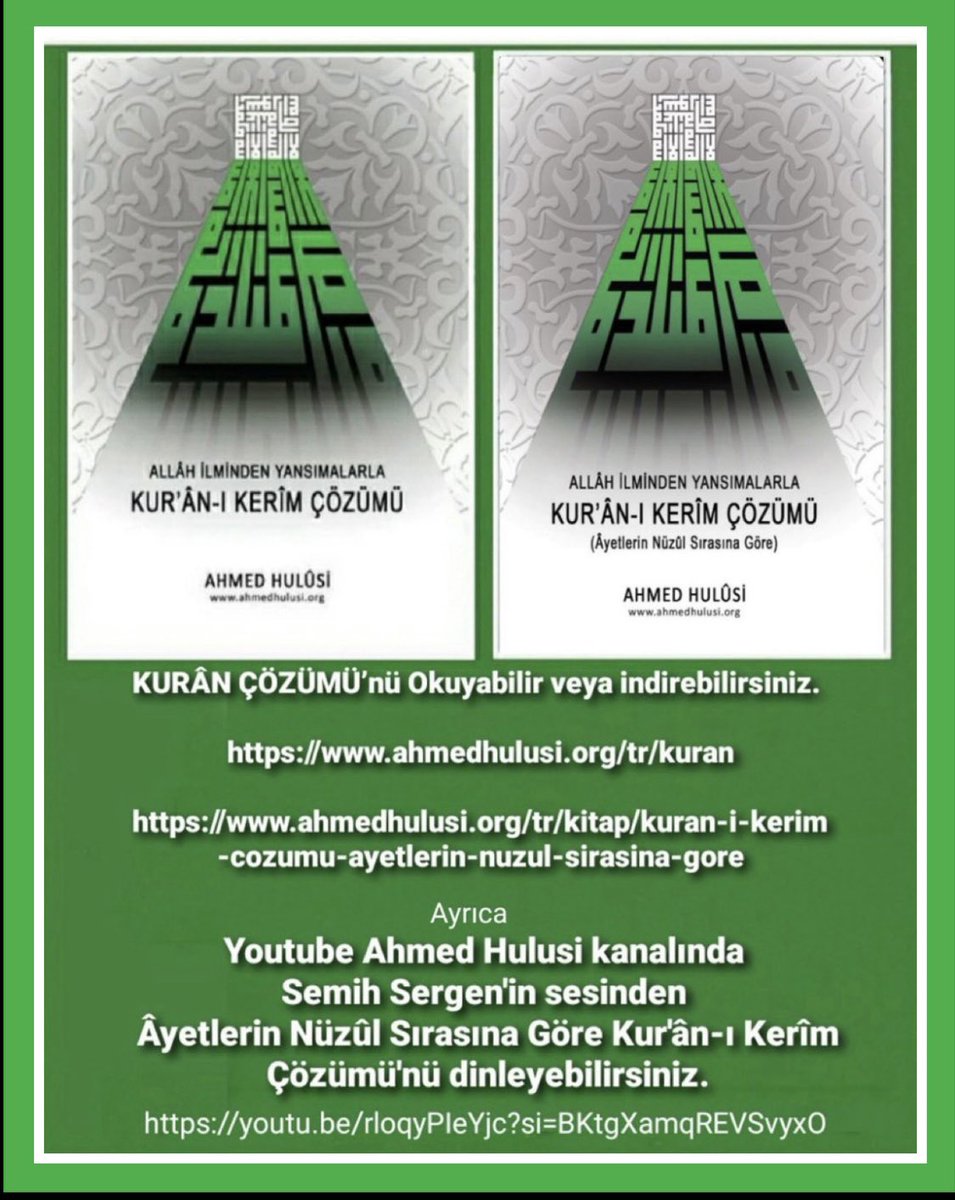 #Ramazan 🌙 Hediyesi📖

Ücretsiz Okuyup, İndirebilirsiniz:

“KURÂN-I KERÎM ÇÖZÜMÜ”
<a href="/AhmedHulusi/">Ahmed Hulûsi</a>

ahmedhulusi.org/tr/kuran

ahmedhulusi.org/tr/kitap/kuran…

youtu.be/rloqyPIeYjc?si…