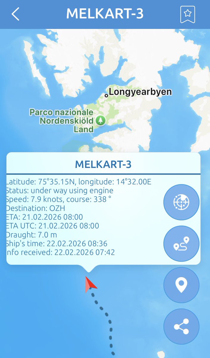 RFNOSBlog's tweet photo. The vessel MELKART 3, currently sailing under the #russianflag, is positioned in the North East Atlantic Ocean and reports destination OZH.
Course and speed analysis indicate a northbound trajectory toward #Svalbard, consistent with previous movements in proximity to Norwegian #ZEE waters.
The declared destination appears misaligned with the current routing.
#OSINT monitoring continues. Updates will follow in case of anomalies or AIS discrepancies.