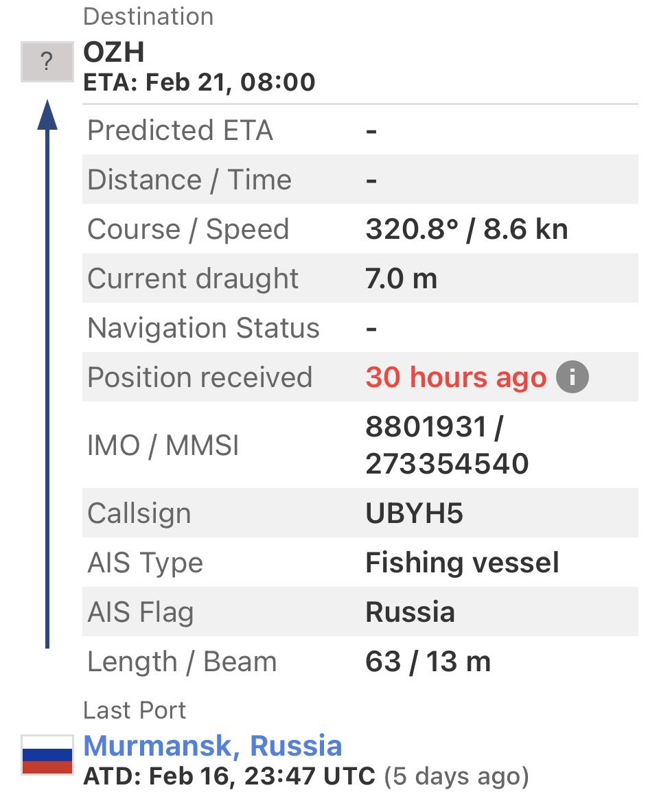RFNOSBlog's tweet photo. The vessel MELKART 3, currently sailing under the #russianflag, is positioned in the North East Atlantic Ocean and reports destination OZH.
Course and speed analysis indicate a northbound trajectory toward #Svalbard, consistent with previous movements in proximity to Norwegian #ZEE waters.
The declared destination appears misaligned with the current routing.
#OSINT monitoring continues. Updates will follow in case of anomalies or AIS discrepancies.