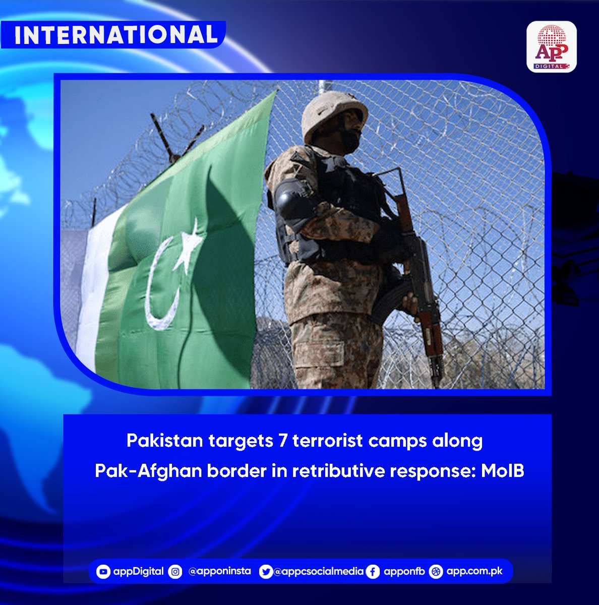 appcsocialmedia's tweet photo. Pakistan targets 7 terrorist camps along Pak-Afghan border in retributive response: MoIB
#Pakistan #PakAfghanBorder #CounterTerrorism #TTP #FitnaAlKhwarij #ISKP #MoIB #SecurityOperations #WarOnTerror #RegionalSecurity https://t.co/A75I1kWnYf