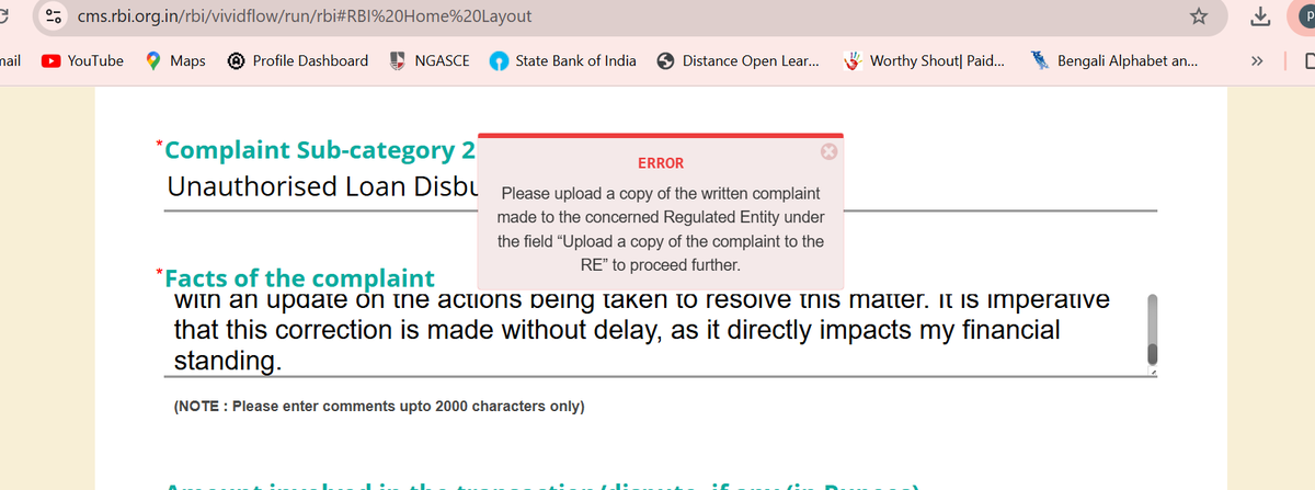 Deb_Rc03's tweet photo. @RBI @RBIsays Experiencing repeated "file upload error popup" on CMS portal https://t.co/IJjD0PfUKM while filing Ombudsman complaint against Kotak Bank for fraudulent loan on Experian. Despite multiple uploads, it loops. Need help! Screenshots attached. 
#RBICMS #BankingOmbudsman https://t.co/zQQTjfJzam
