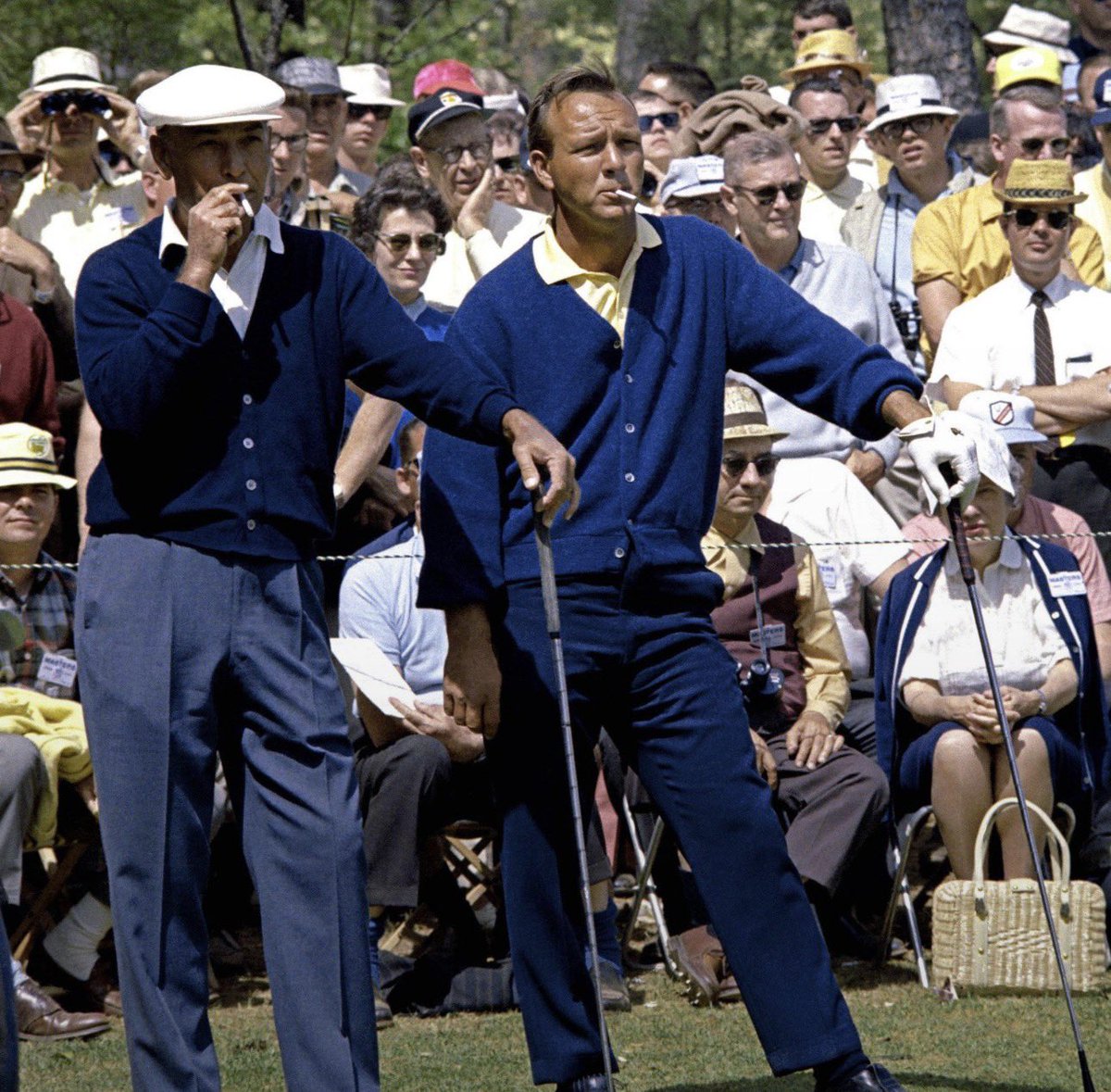 Hogan and Palmer. Heaters and blue cardigans. 60s golf at its finest