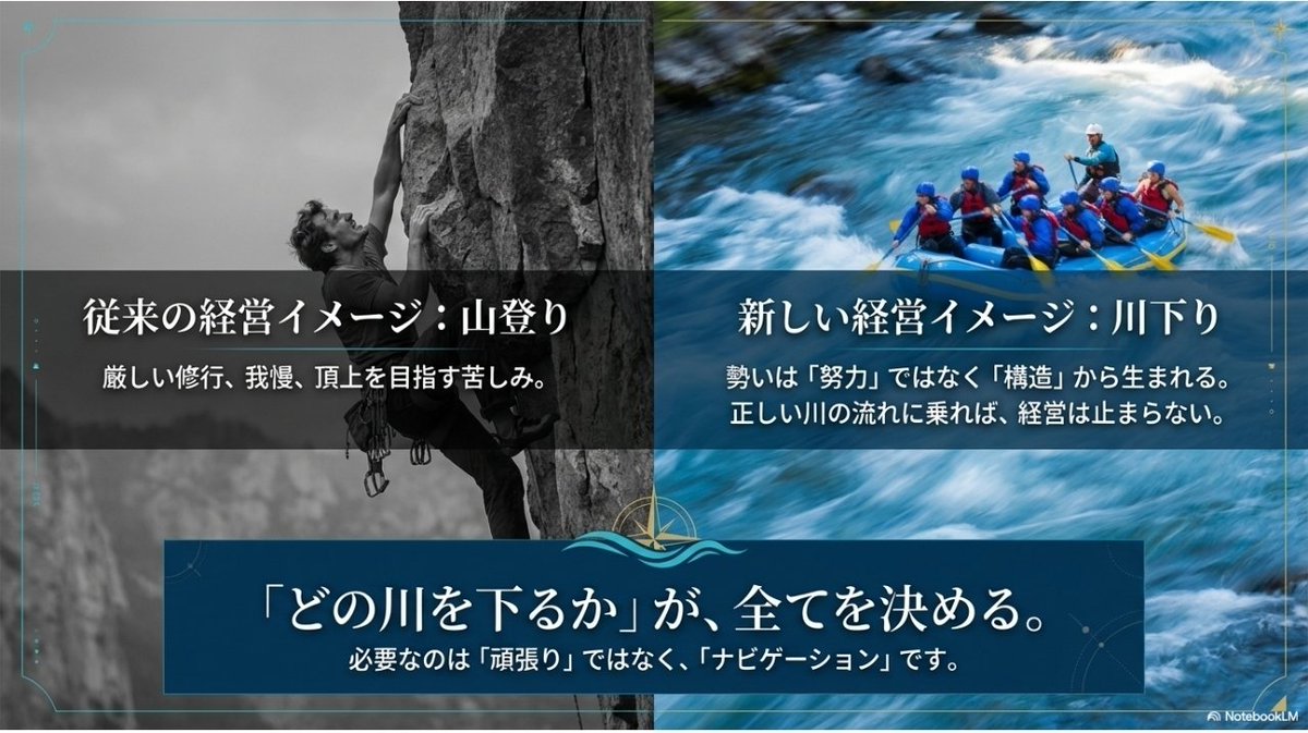 ヤバい認識転換に気づいたんですが、会社経営や人生を困難な山登りに例える人は多いと思いますが、実際にビジネスが爆伸びしている経営者をみると実際には「川下りなのでは？」と思い始めました。