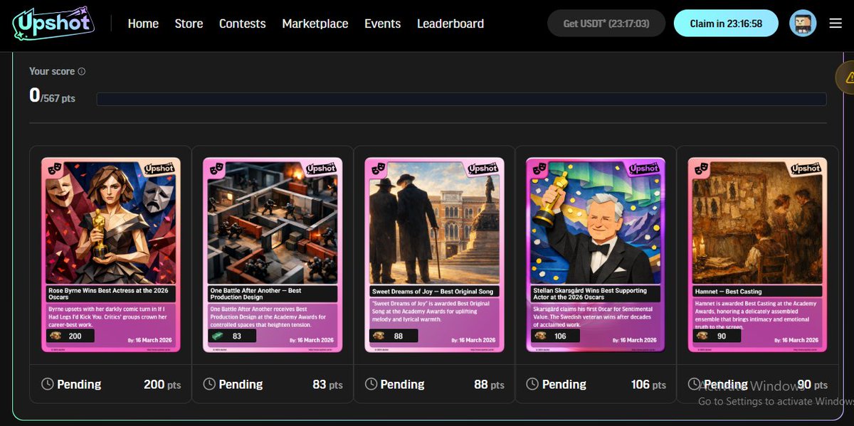 Update <a href="/upshot_cards/">Upshot</a> 

Sau khi kết nối tài khoản X thì hằng ngày ae có thể vào upshot.cards để Get USDT và Claim Daily Free Gift hằng ngày nhé.

Dùng USDT free từ dự án vào Store mua pack mở tham gia các sự kiện ở phần Contests. 
Hiện tại đang có 2 sự