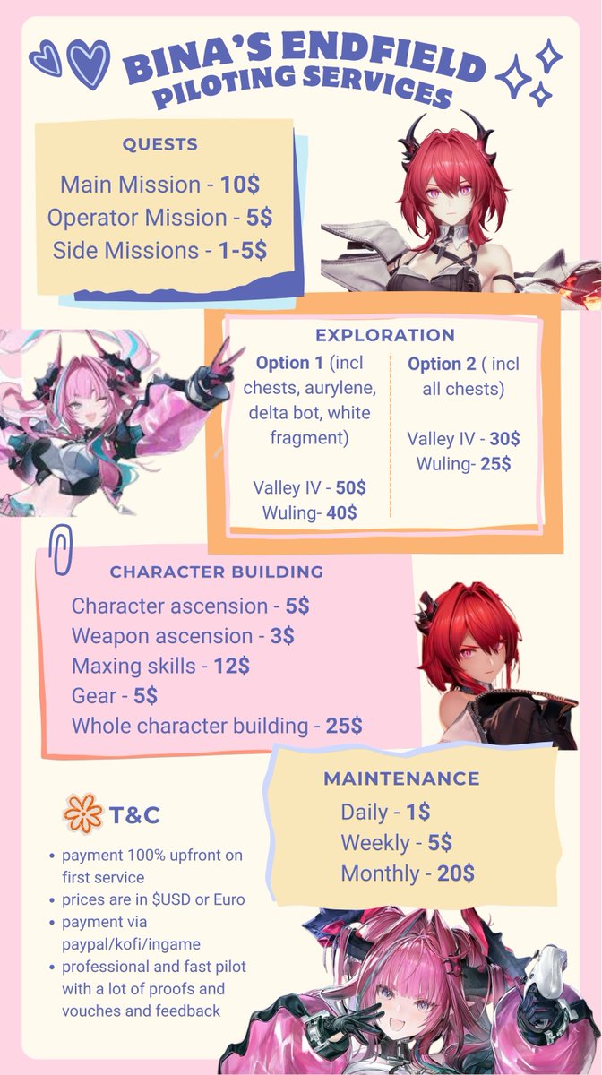 columbinapilot's tweet photo. [rts are appreciated]

ARKNIGHTS ENDFIELD SERVICES

need help with the game to catch up or in need of wishes? i offer endfield services now ^^

dm me to avail <3 temp. by @vvhao_0 https://t.co/pw8pZ4bbcx