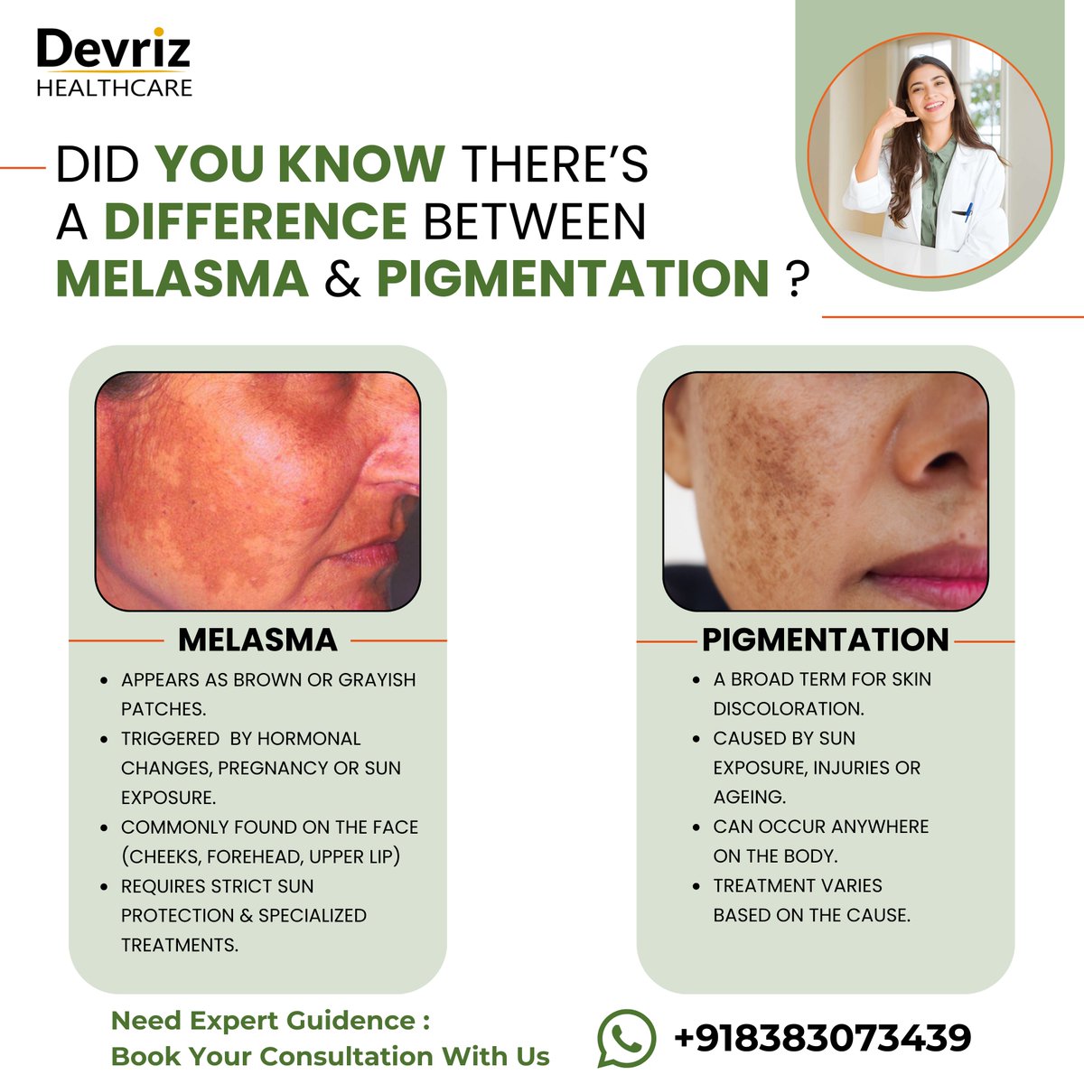 devriz01's tweet photo. Melasma is a hormone &amp; sun-triggered facial patching.
Pigmentation is a broader skin discoloration caused by sun, aging, or injury.
Correct diagnosis = Correct treatment.

Consult the experts at Devriz Healthcare for personalized skin solutions.

#devrizhealthcare #skinclinic https://t.co/CS9hEn4zgX