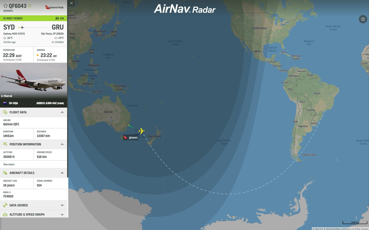 AirNavRadar's tweet photo. ✈️A Qantas A380 (VH-OQA) is currently en route from Sydney to São Paulo on a direct, non-stop flight! Via @aero_in 📰

Departure was 8:30 AM BRT on Feb 22. Expected to land late tonight/early Feb 23 at Guarulhos International Airport. The purpose of the flight (passengers, cargo, or technical) remains unknown. 

Track it live! 👇
https://t.co/DbTjGhuoGV

#Qantas #A380 #Sydney #SaoPaulo #Aviation #FlightTracking