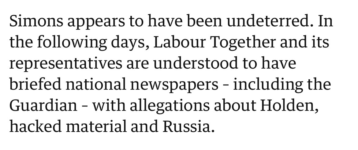 karl_fh's tweet image. This is an interesting point. The Guardian article notes that Labour Together “briefed national newspapers” with the Russian hack smear. But apparently only The Guardian’s Pippa Crerar was credulous or malicious enough to plan to run it – until Holden’s legal threats.