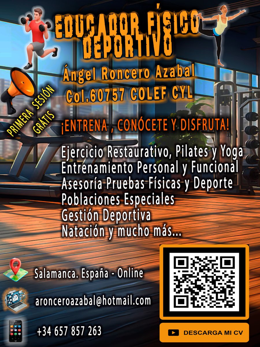 Angel33CCAFYDE's tweet photo. 🏋️🧘Hola. Soy Ángel, #EducadorFísicoDeportivo Col.60757 @colefcyloficial. En este cartel tienes a disposición mis servicios y mi CV, creo que te va a interesar mucho.
Gracias por la atención Estamos en contacto.
Saludos.
#EducaciónFïsica #Deporte #ActividadFïsica #Salud https://t.co/Qs0PuDlBpz