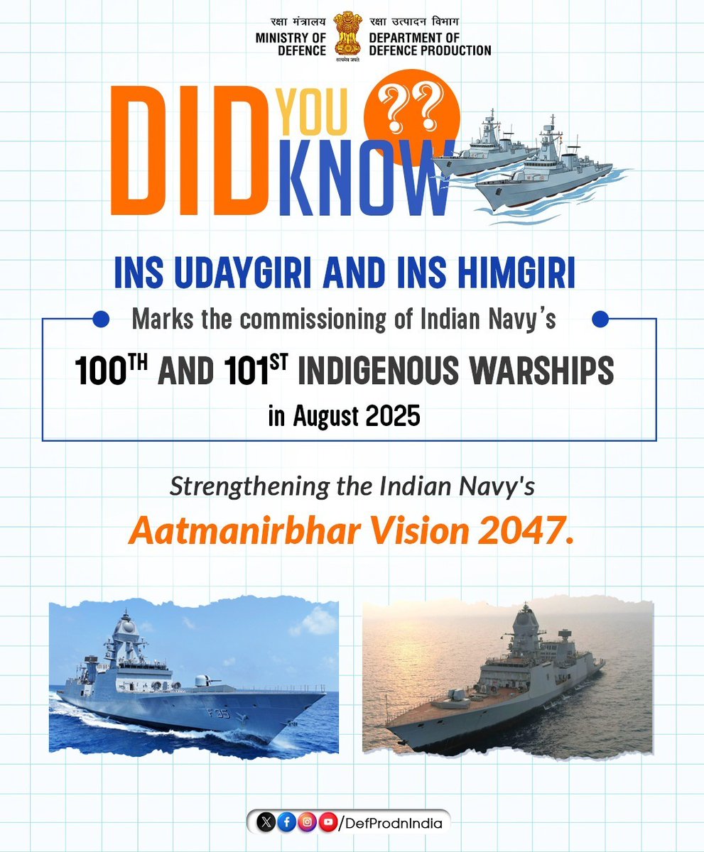 DefProdnIndia's tweet image. India moves ahead. 🇮🇳⚓

With the commissioning of the 100th and 101st indigenous warships — #INSUdaygiri, built by #MazagonDock Shipbuilders Limited (#MDL), and #INSHimgiri, built by #GardenReachShipbuildersEngineers (#GRSE) — in August 2025, India strengthens its journey