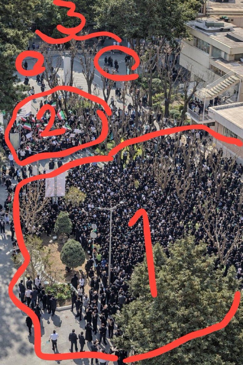NiohBerg's tweet image. Crowd 1 represents the people of Iran.

Crowd 2 represents the regime.

This ratio can be applied to Iran as a whole also. The regime is beyond outnumbered, and if they didn't have guns they would all be on the run.